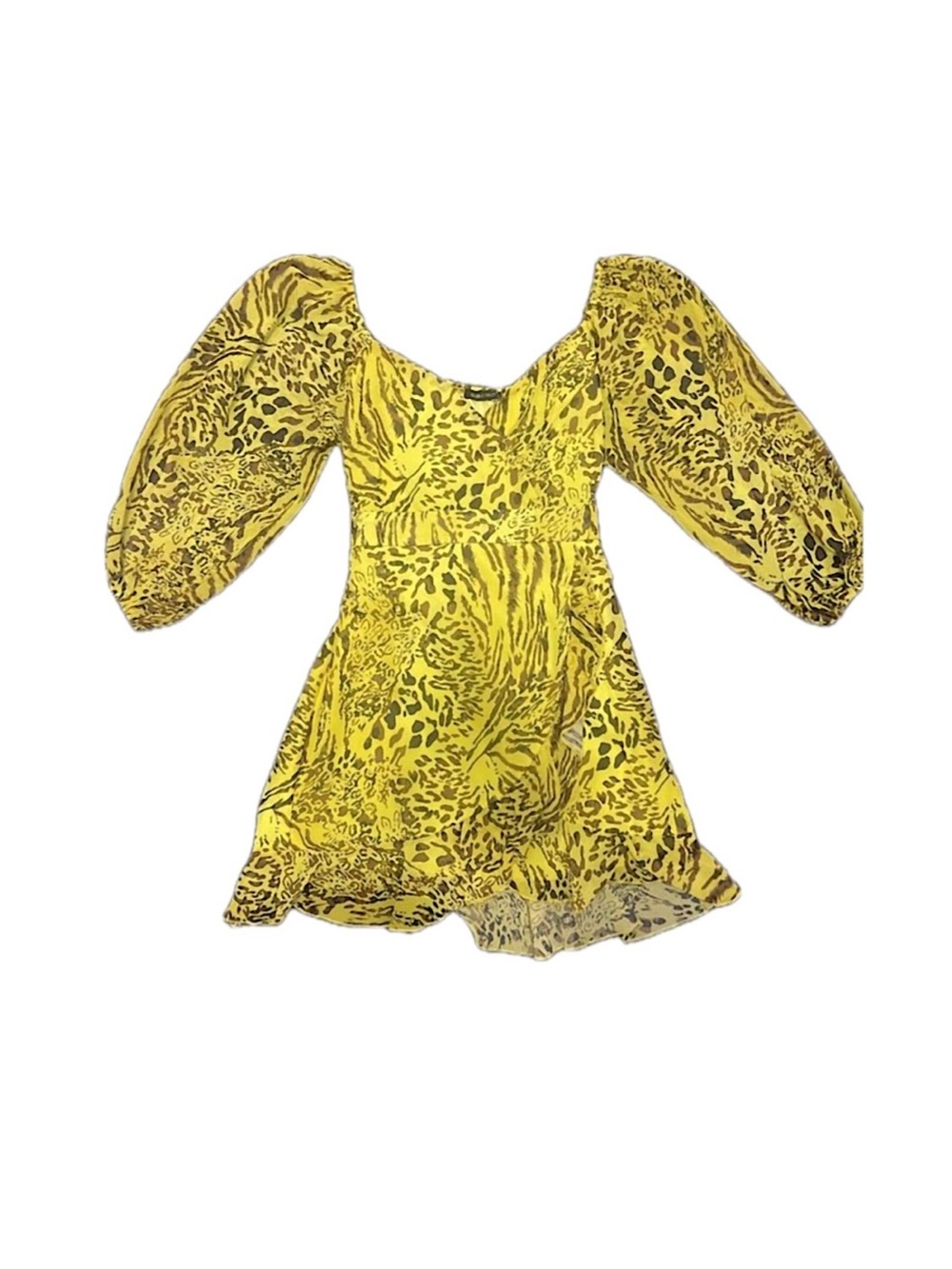 Yellow Animal-Print Mini Dress with Puff Sleeves and V Neck